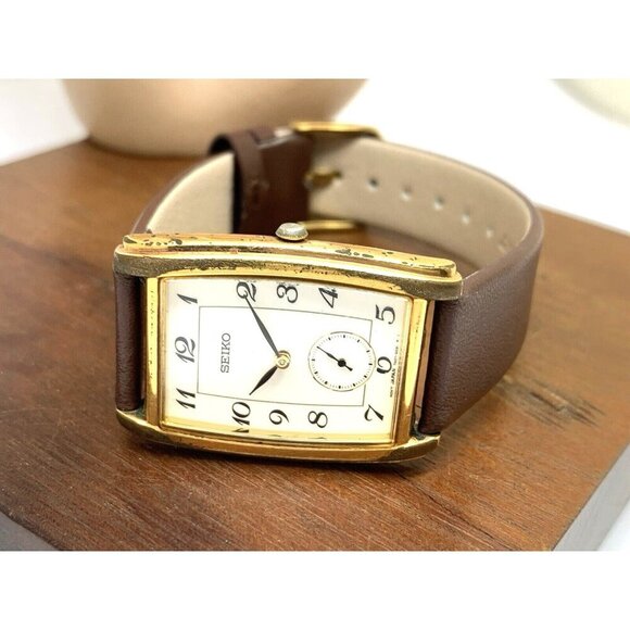 Seiko Men's Watch 7N07-5019 Tank Vintage Quartz White Dial Gold Brown Leather - Picture 7 of 13